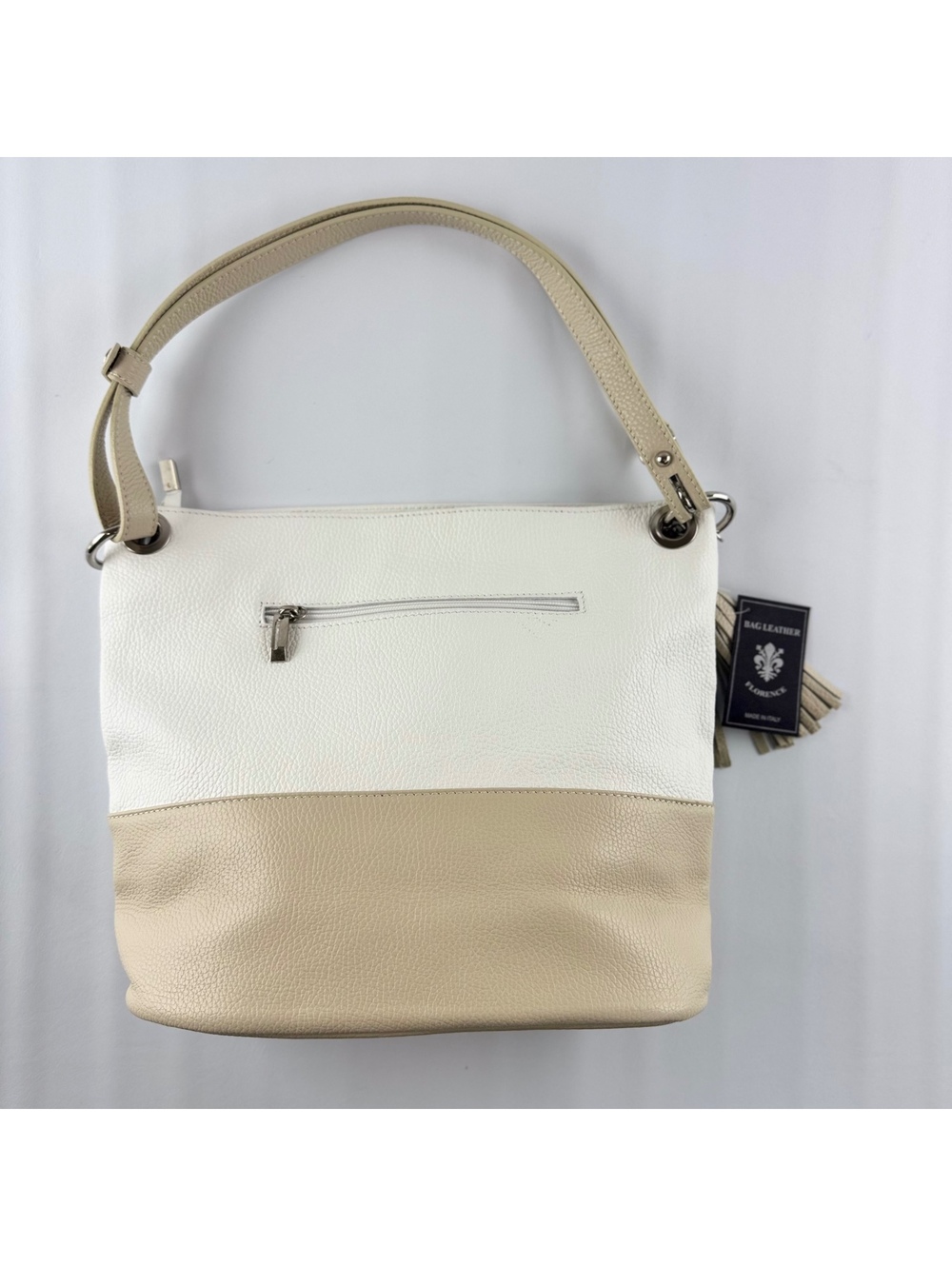 NWT Read - Borse in Pelle Italian Leather Tote Bag White Cream Colorblock Tassel